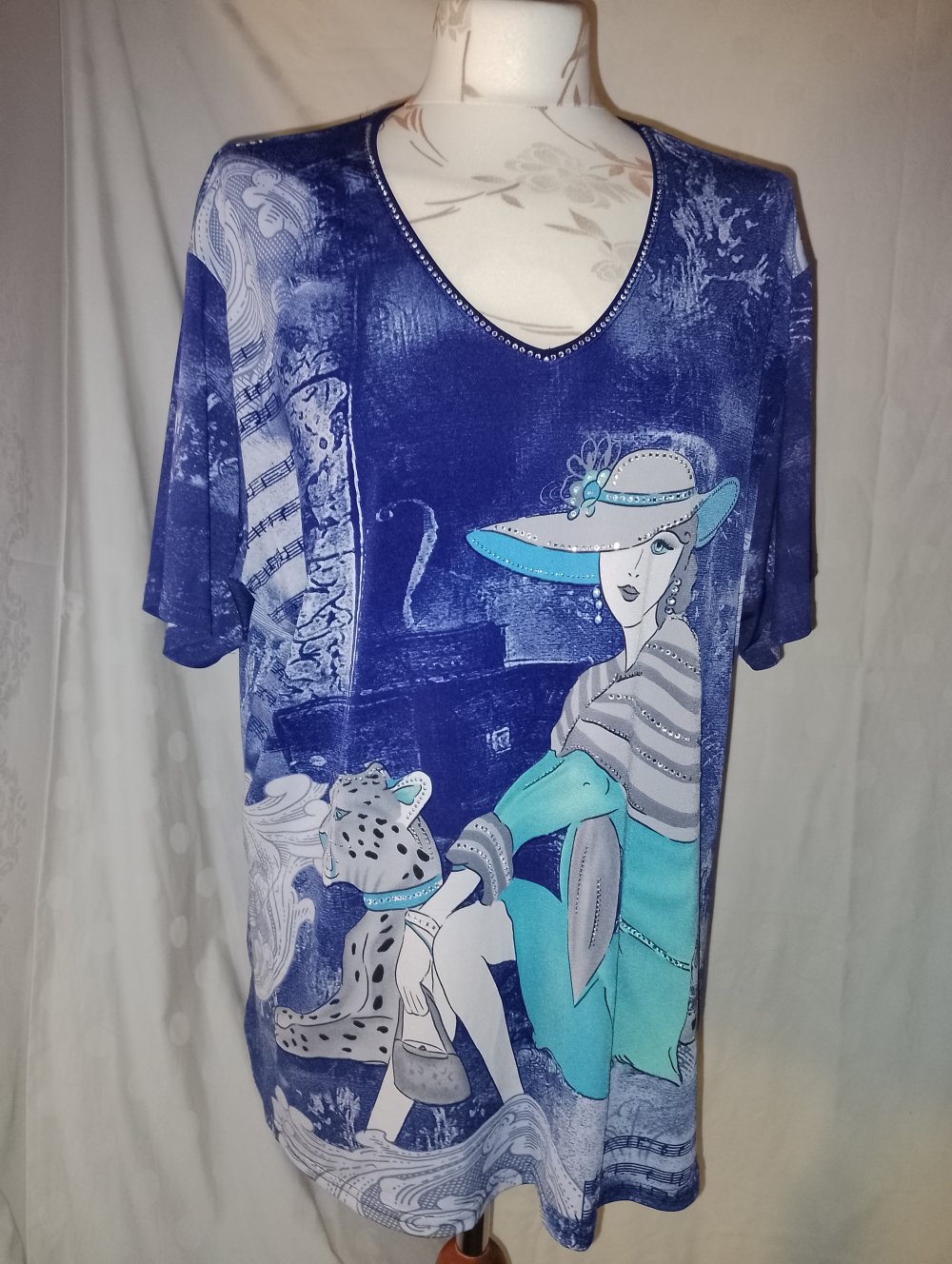 Eli New York Damen Motiv Shirt mit Strass Gr.46 blau türkis Dame