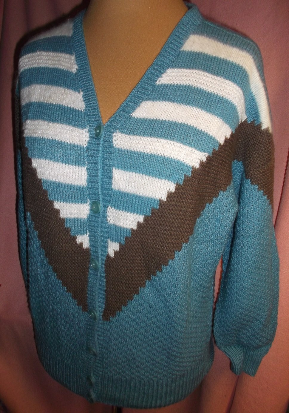 Handmade selbstgestrickt Damen Cardigan Strickjacke Gr.42 petrol braun gestreift