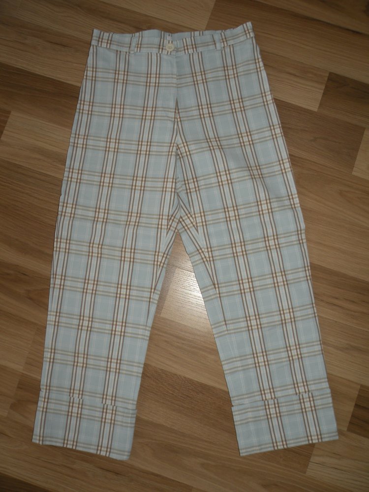 3/4 Damen Sommer Stretch Hose Hellblau Beige Weiß kariert super Zustand Gr. 36