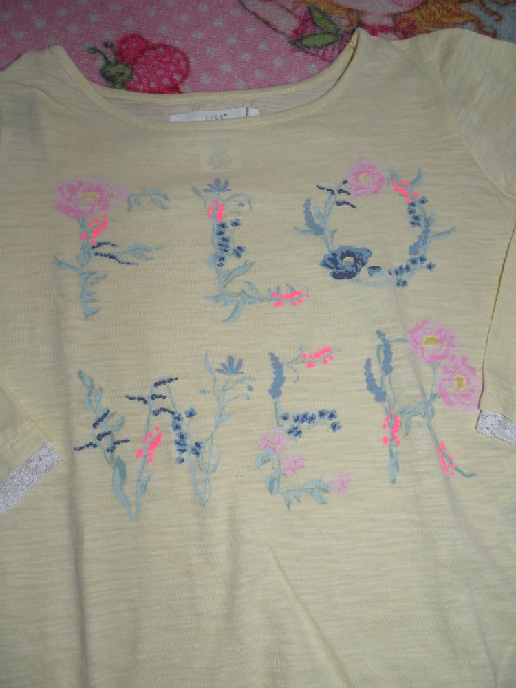 Mädchen kurzes 3/4-Armshirt Longsleeve T-Shirt Gr 122 128 H&M Gelb Schriftzug geblümt pastell top
