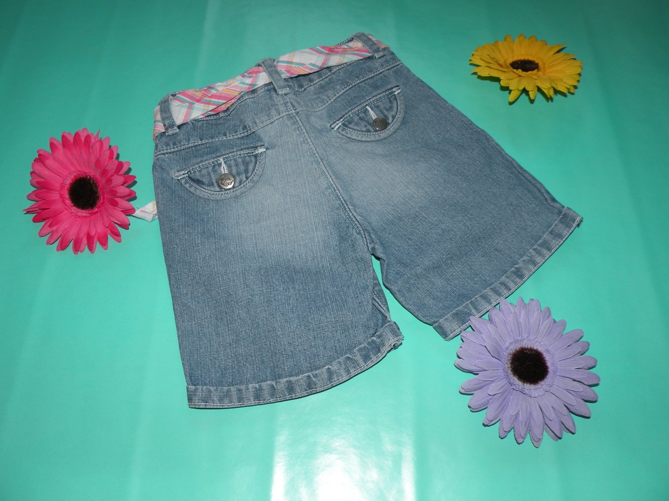Mädchen Sweet Jeans Shorts Bermudas kurze Hose Topolino Gr 92 kariertes Tuch wie Neu