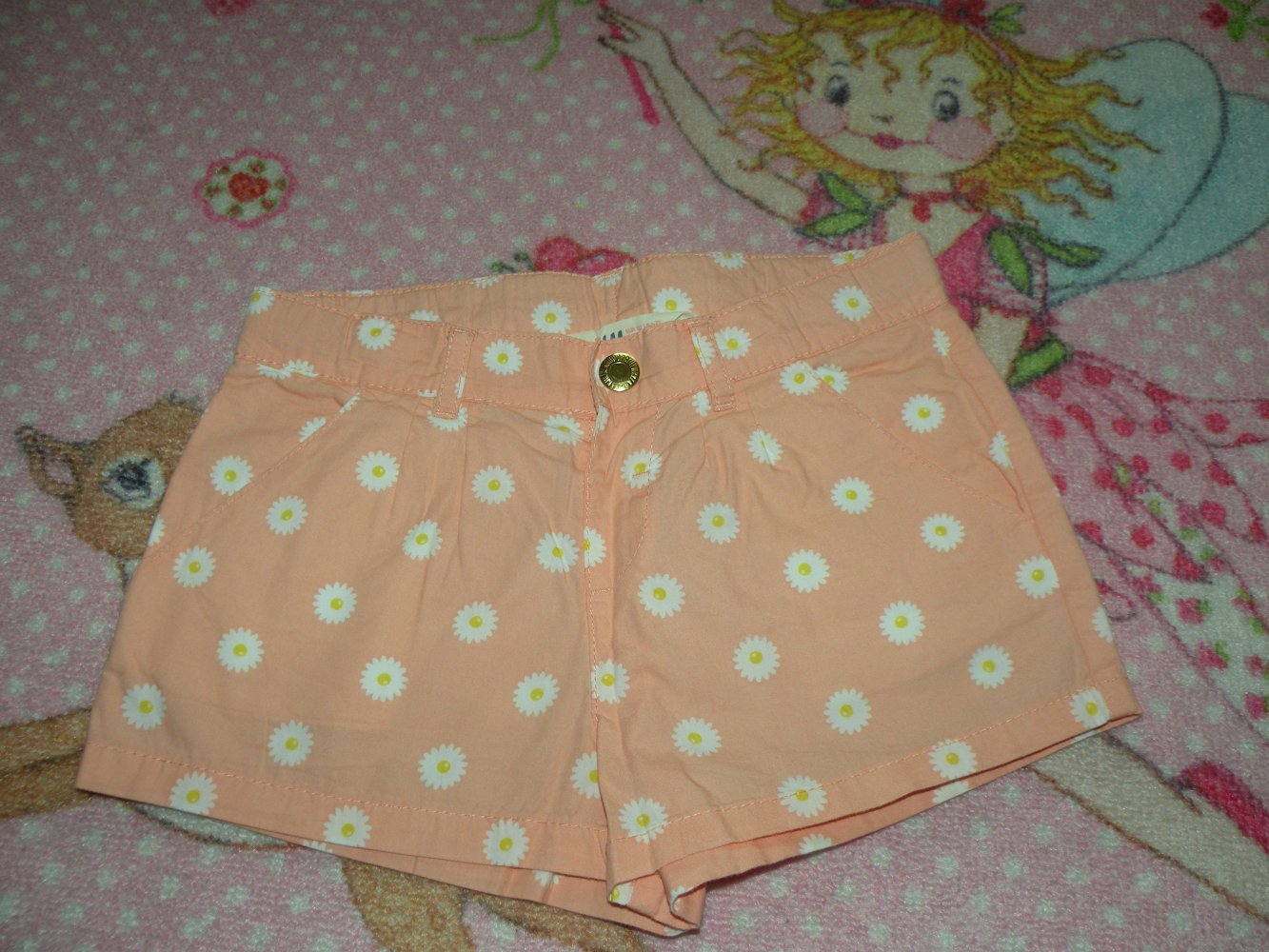 Mädchen Baumwoll Shorts Bermuda kurze Hose H&M Gr 122 Apricot Weiß Margeriten geblümt