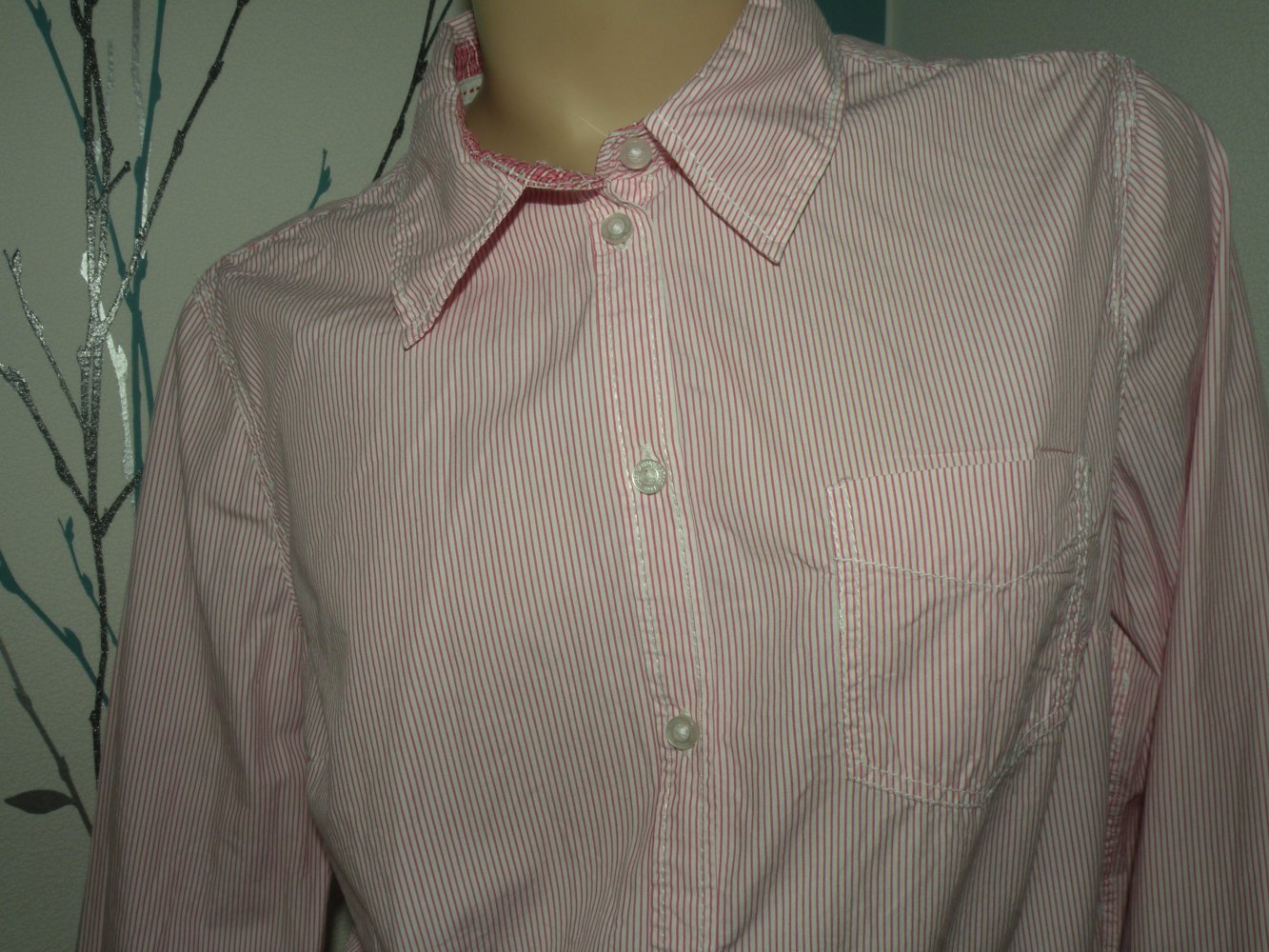 Damen Mädchen Langarm Bluse Tunika H&M Logg Gr L 40 Weiß Pink gestreift top
