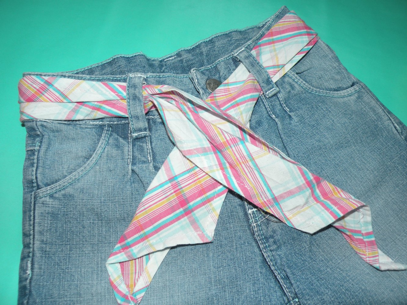 Mädchen Sweet Jeans Shorts Bermudas kurze Hose Topolino Gr 92 kariertes Tuch wie Neu