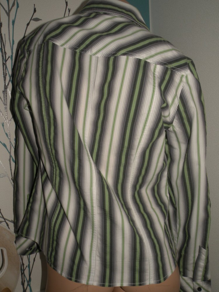 Damen Mädchen Langarm Stretch Bluse Tunika Gr 38 Hellgrün Weiß Grau gestreift top