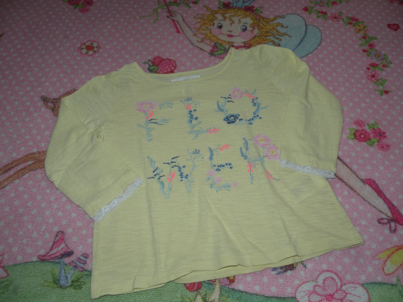Mädchen kurzes 3/4-Armshirt Longsleeve T-Shirt Gr 122 128 H&M Gelb Schriftzug geblümt pastell top