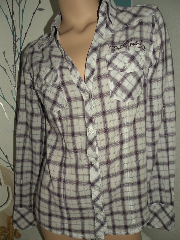 Damen Sublevel Langarm Bluse leichte Tunika Lila Weiß kariert Silber Gr 38 40 M top Zustand
