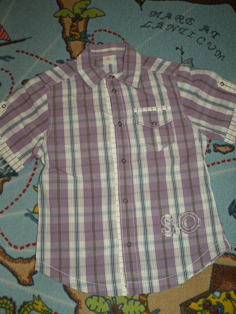 Jungen Kurzarm Hemd Gr 152 top Zustand s.Oliver lila weiss blau oliv kariert Hochzeit Sommer Urlaub