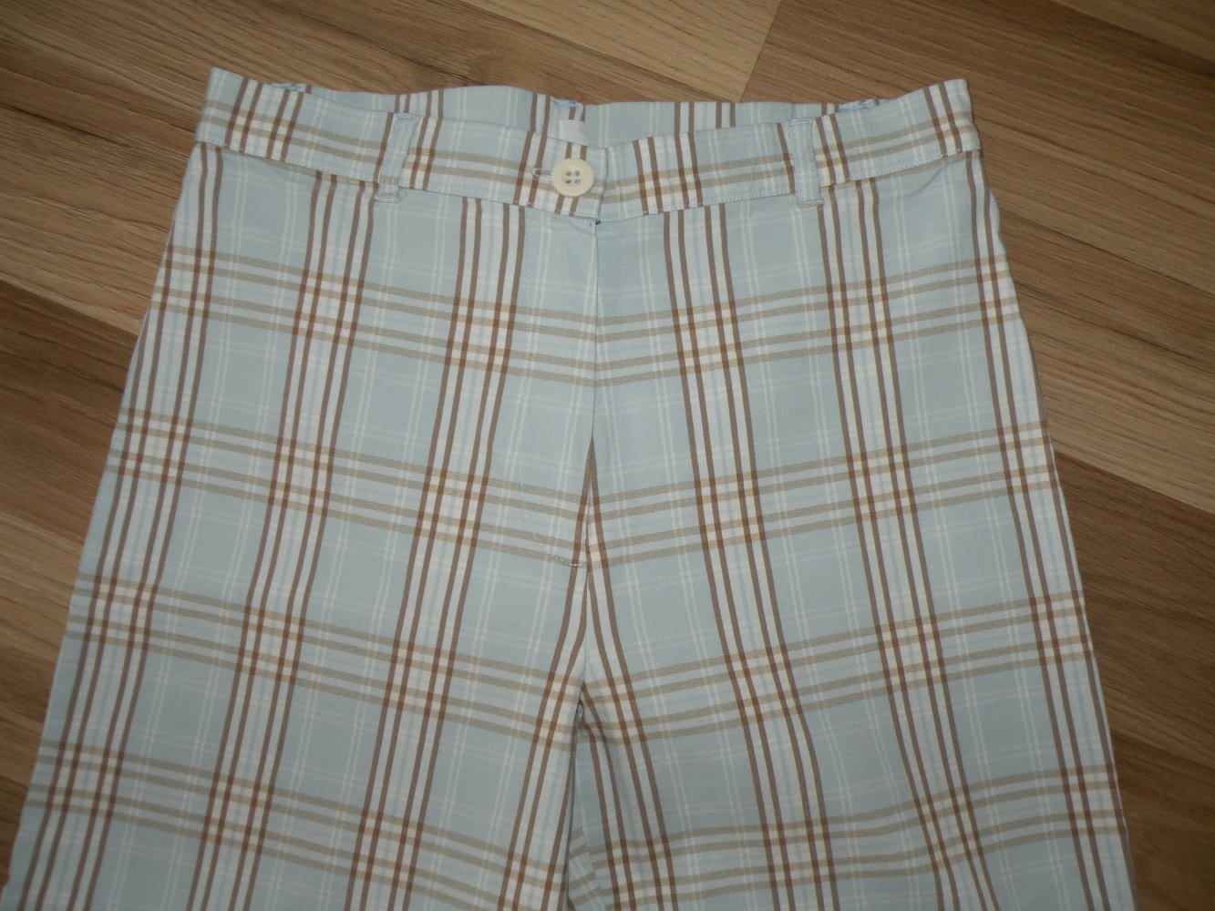 3/4 Damen Sommer Stretch Hose Hellblau Beige Weiß kariert super Zustand Gr. 36