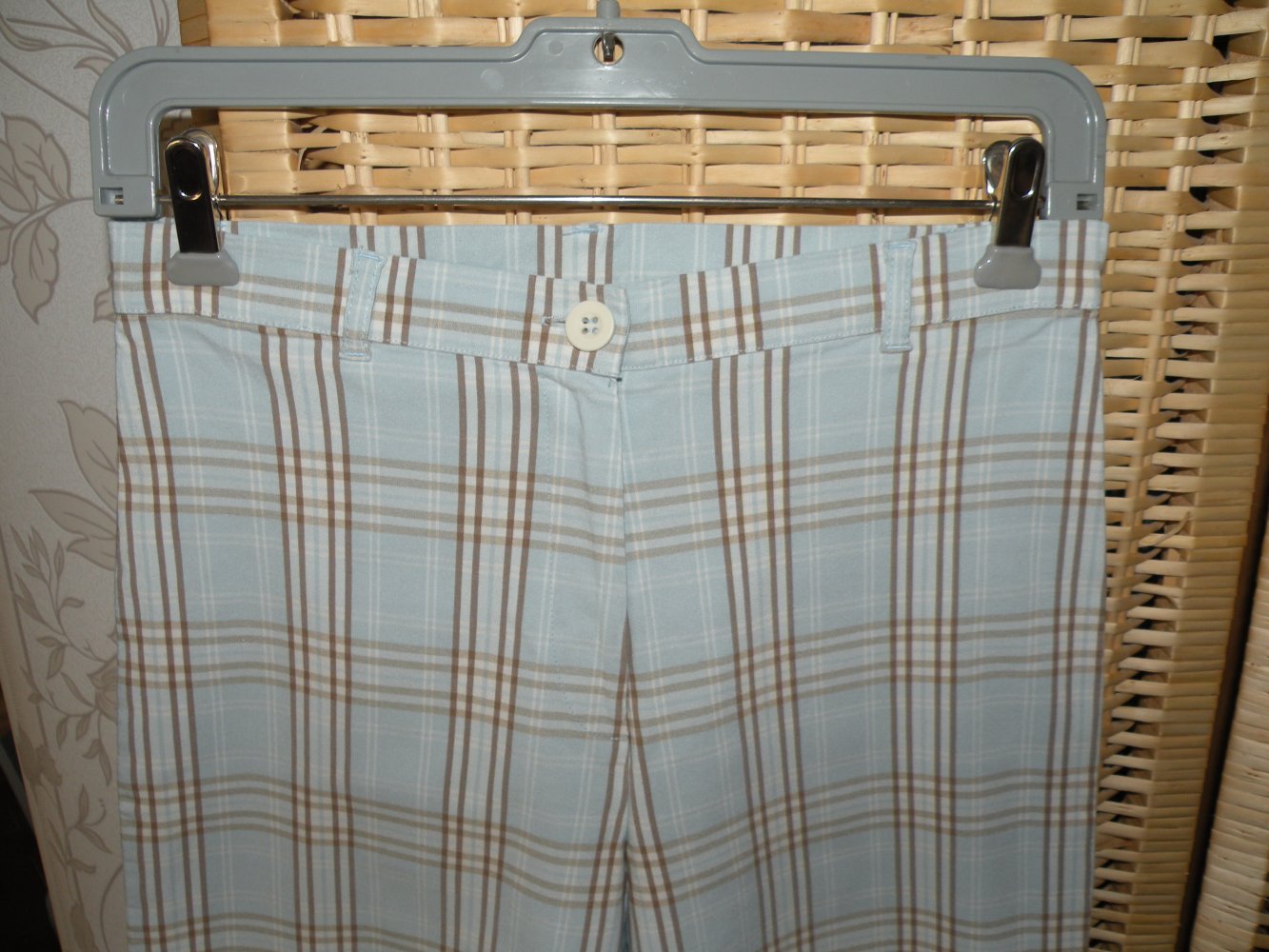 3/4 Damen Sommer Stretch Hose Hellblau Beige Weiß kariert super Zustand Gr. 36