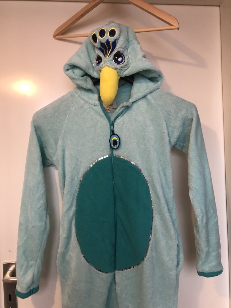 onesie peacock, kuscheliger Einteiler Pfau, Plüsch Anzug, hellblau türkis Gr. S, Schlafanzug