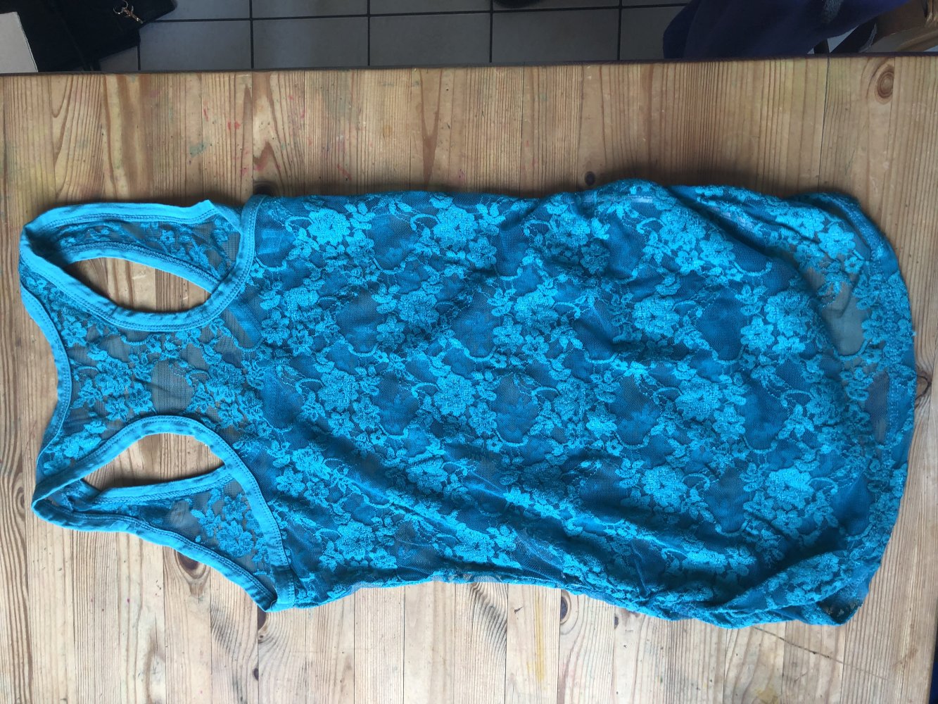 Netz Tank Top Shirt aus Stretch Spitze in edlem petrol, türkis, blau, Gr.S