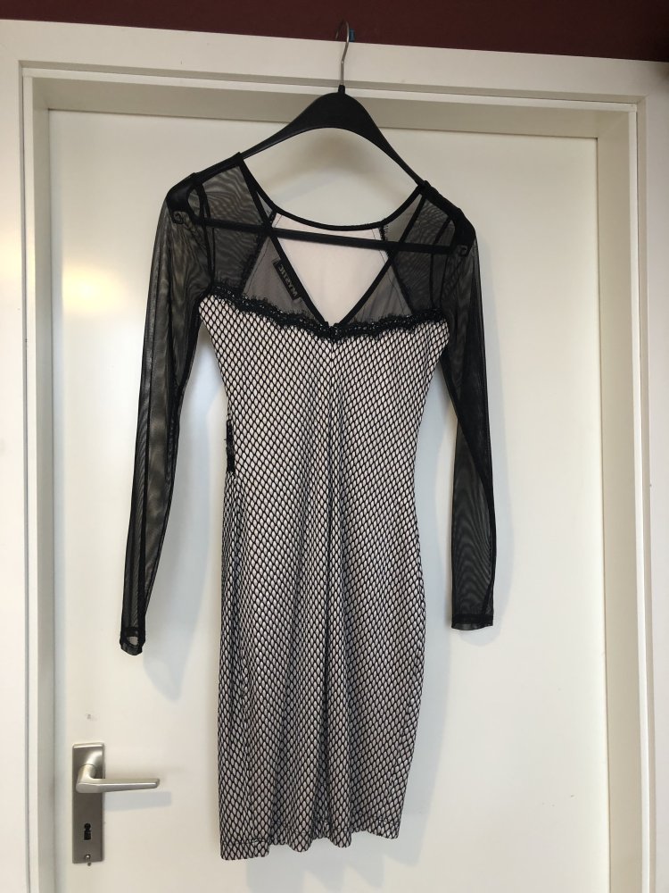 Mega schönes Cocktailkleid, Abendkleid, Kleid von MYSITC, Minikleid langarm, schwarz-weiß Netz, Mesh, Gr. S