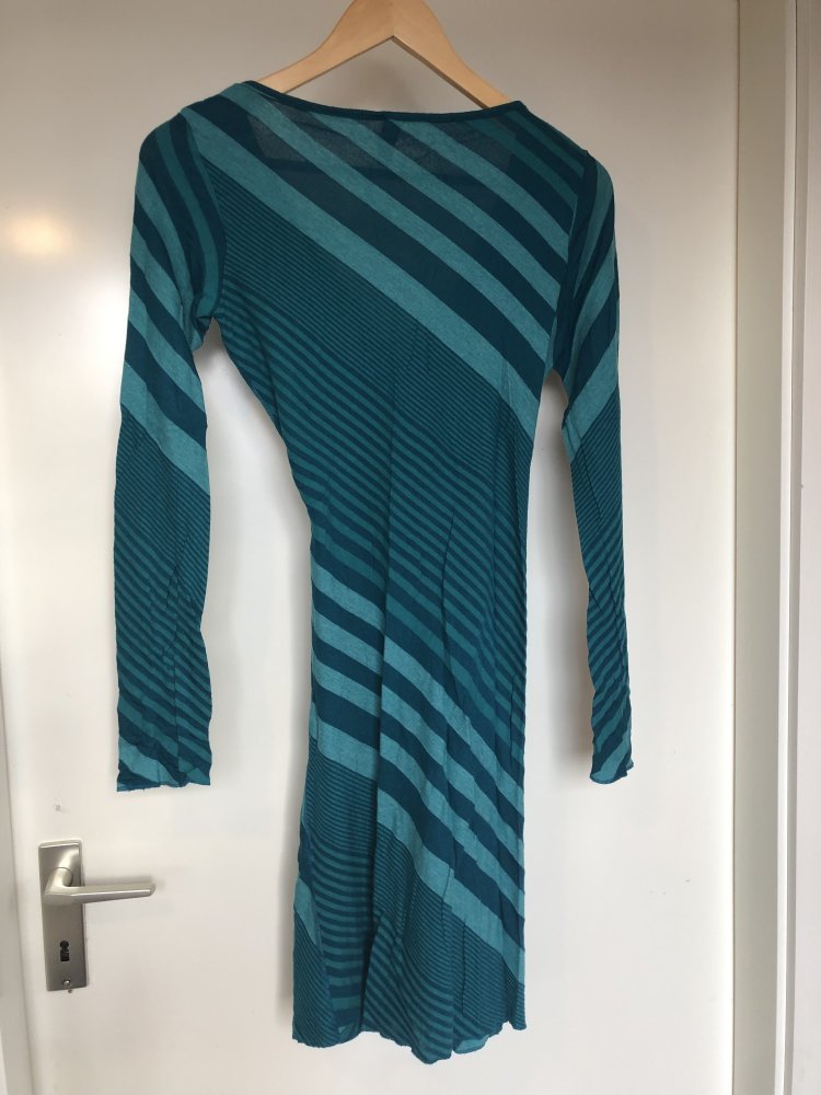 bequemes Kleid in petrol, türkis, blau, gestreift, bodycon, Stretchkleid, Minikleid, Gr. S, langärmlig ATOrganic Berlin Fair Trade Mode