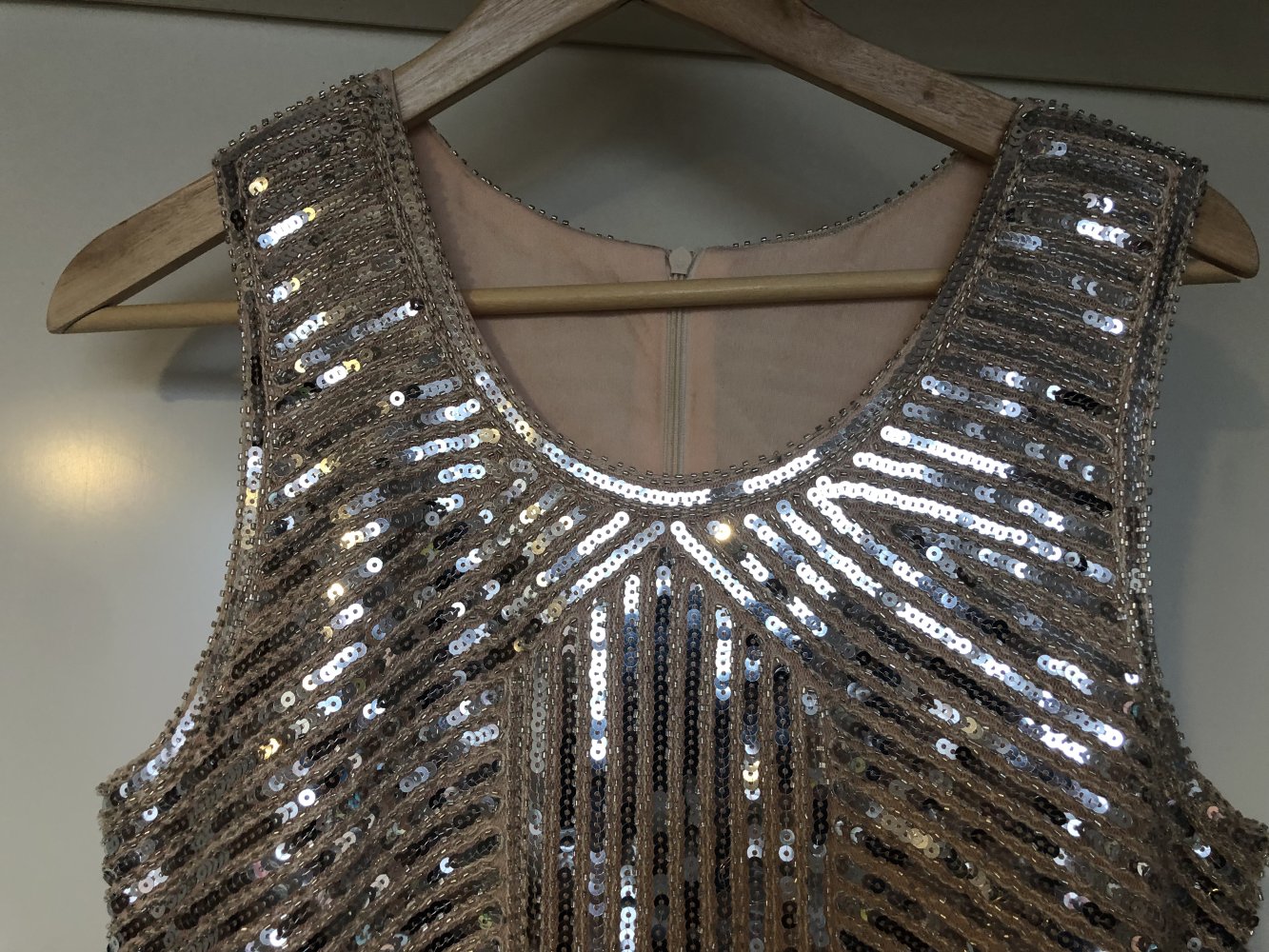 Silvester Party-Kleid, Abendkleid, Cocktailkleid, Minikleid, Glitzer, Pailletten, Perlen, bestickt, gold, creme, nude Gr. S