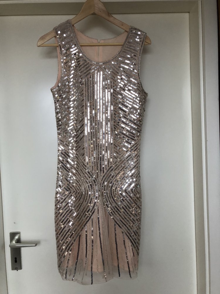 Silvester Party-Kleid, Abendkleid, Cocktailkleid, Minikleid, Glitzer, Pailletten, Perlen, bestickt, gold, creme, nude Gr. S