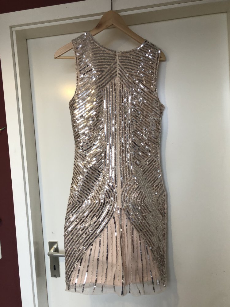 Silvester Party-Kleid, Abendkleid, Cocktailkleid, Minikleid, Glitzer, Pailletten, Perlen, bestickt, gold, creme, nude Gr. S