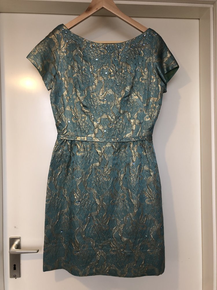 Designer Cocktailkleid, Kleid, Abendkleid, Etuikleid, türkis, gold, Gr. M 38/40, mit Strass bestickt, kurzärmlig