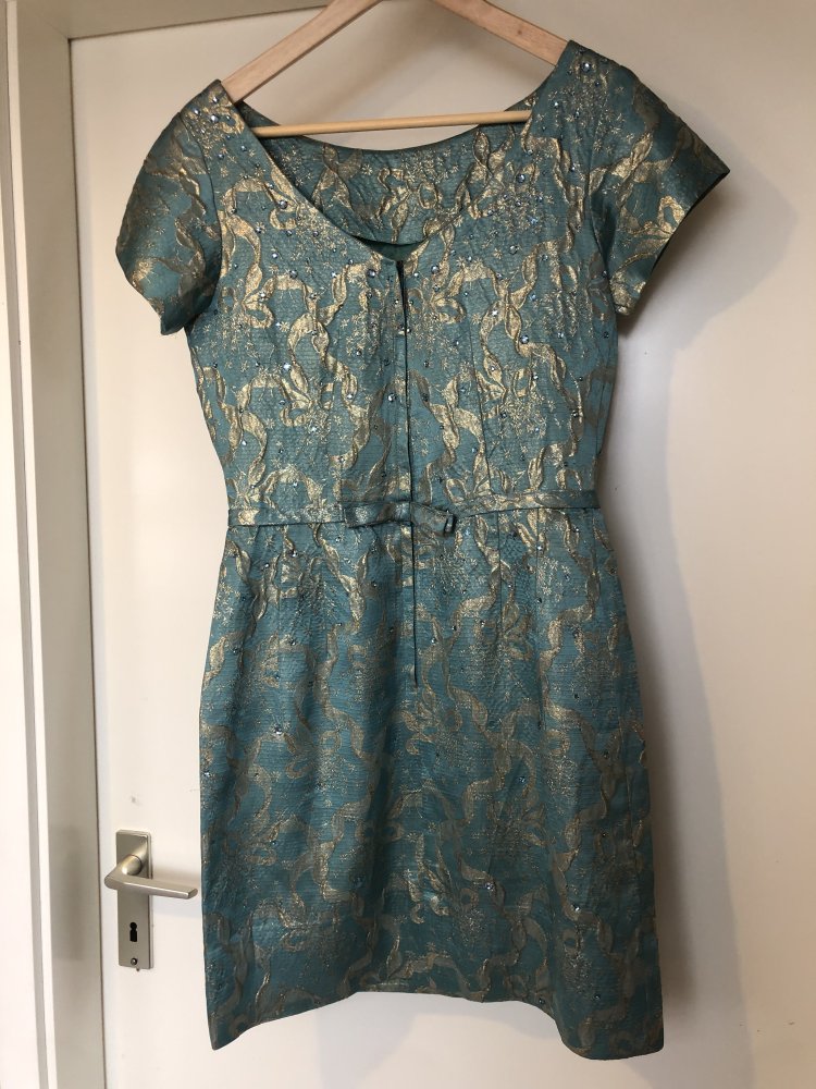 Designer Cocktailkleid, Kleid, Abendkleid, Etuikleid, türkis, gold, Gr. M 38/40, mit Strass bestickt, kurzärmlig