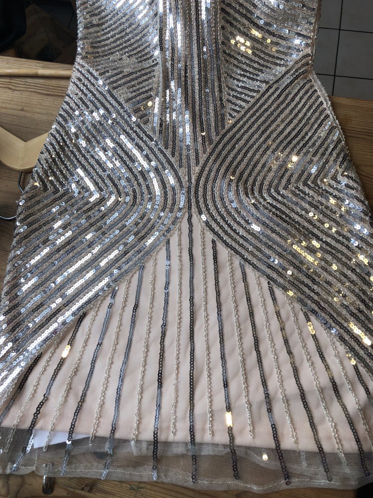 Silvester Party-Kleid, Abendkleid, Cocktailkleid, Minikleid, Glitzer, Pailletten, Perlen, bestickt, gold, creme, nude Gr. S