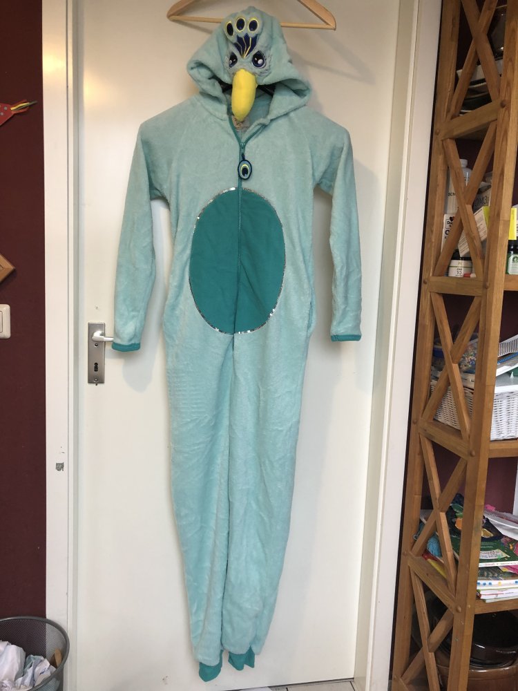 onesie peacock, kuscheliger Einteiler Pfau, Plüsch Anzug, hellblau türkis Gr. S, Schlafanzug