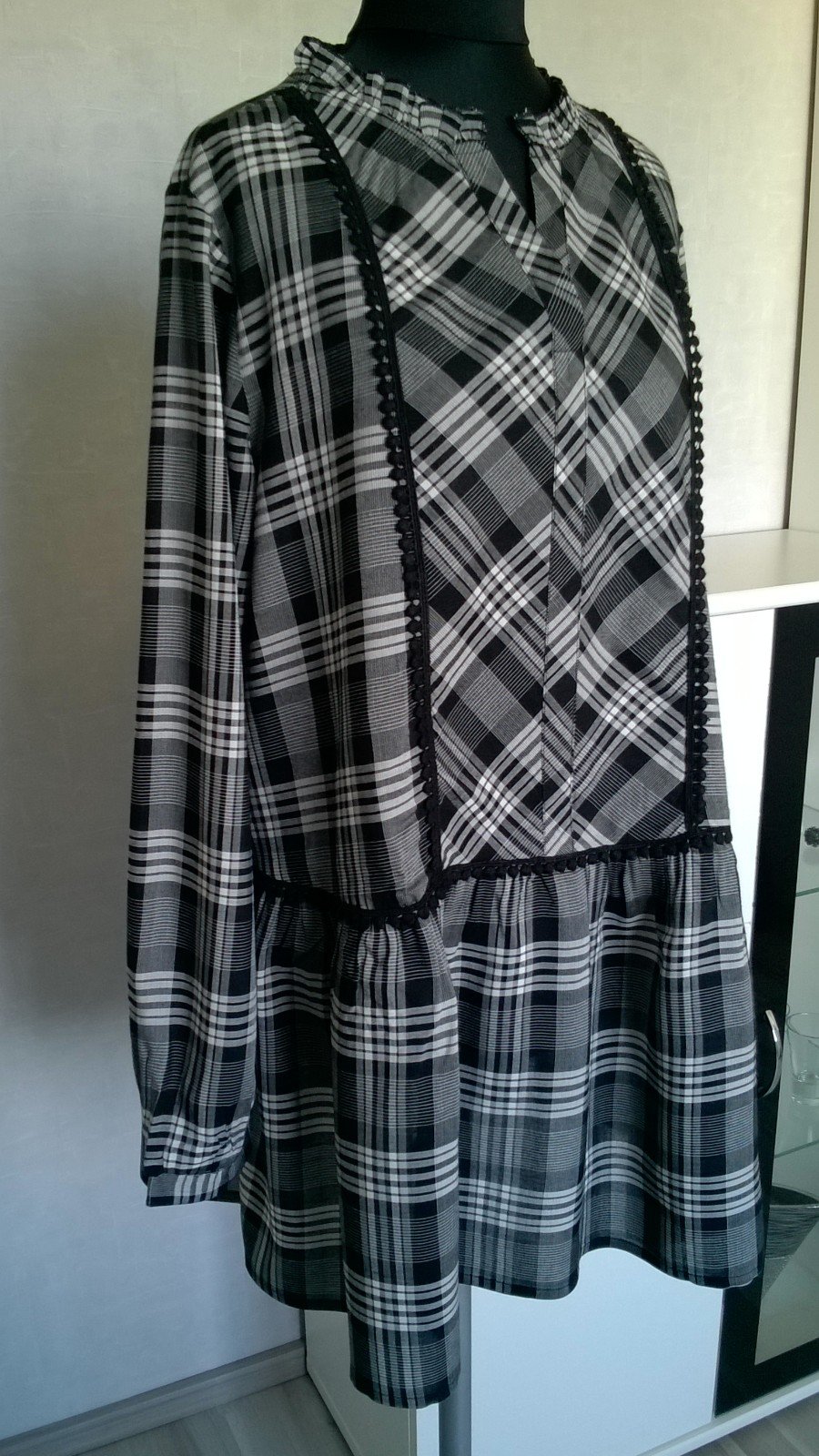 Longbluse Tunika Schlupfbluse Bluse Kleid schwarz weiß kariert Gr. 38 Aniston Casual neu