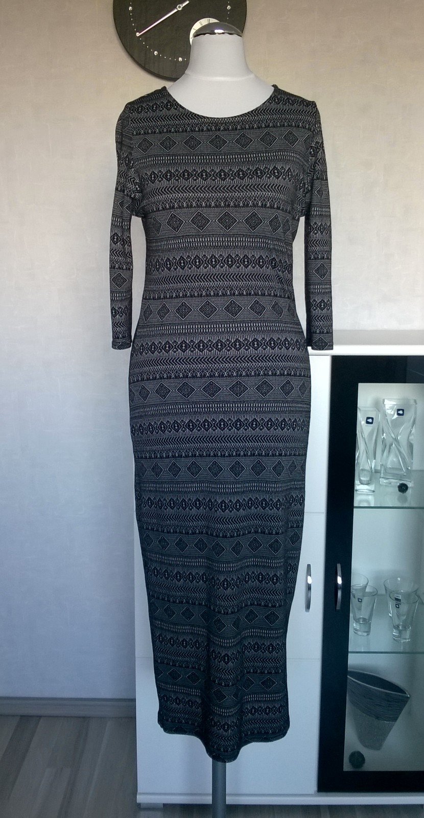 Kleid Maxikleid Stretchkleid ¾-Arm schwarz weiß Muster Gr. S Orsay