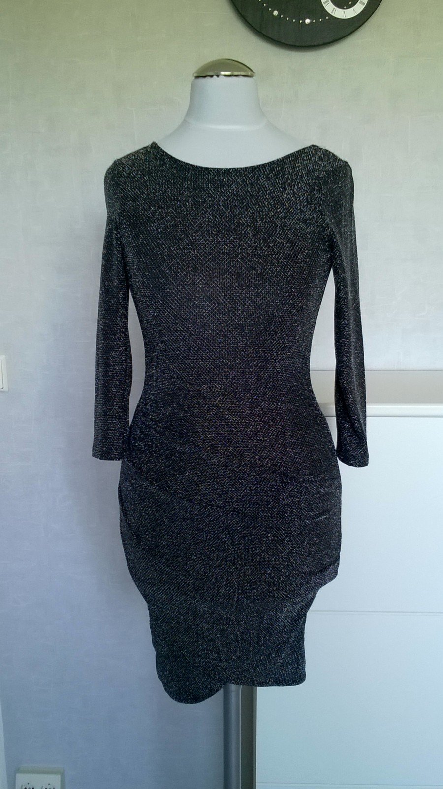 Minikleid Stretchkleid ¾-Arm schwarz silber Gr. XS