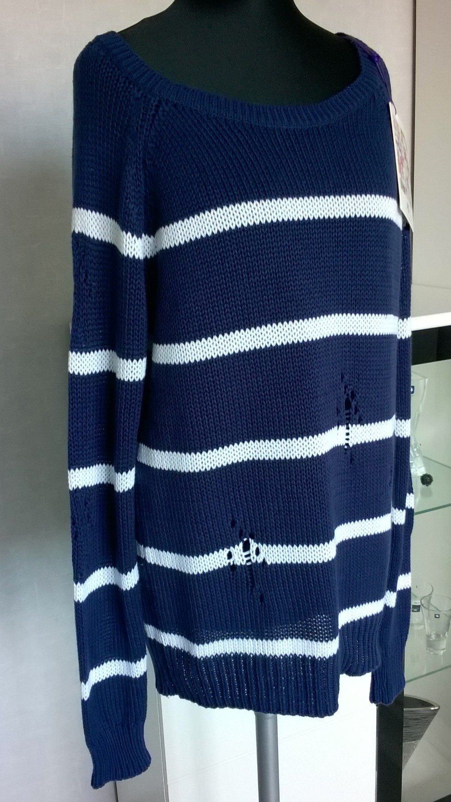 Pulli Strickpulli Oberteil destroyed-Look marine weiß gestreift Gr. 36/38 AJC neu mit Etikett