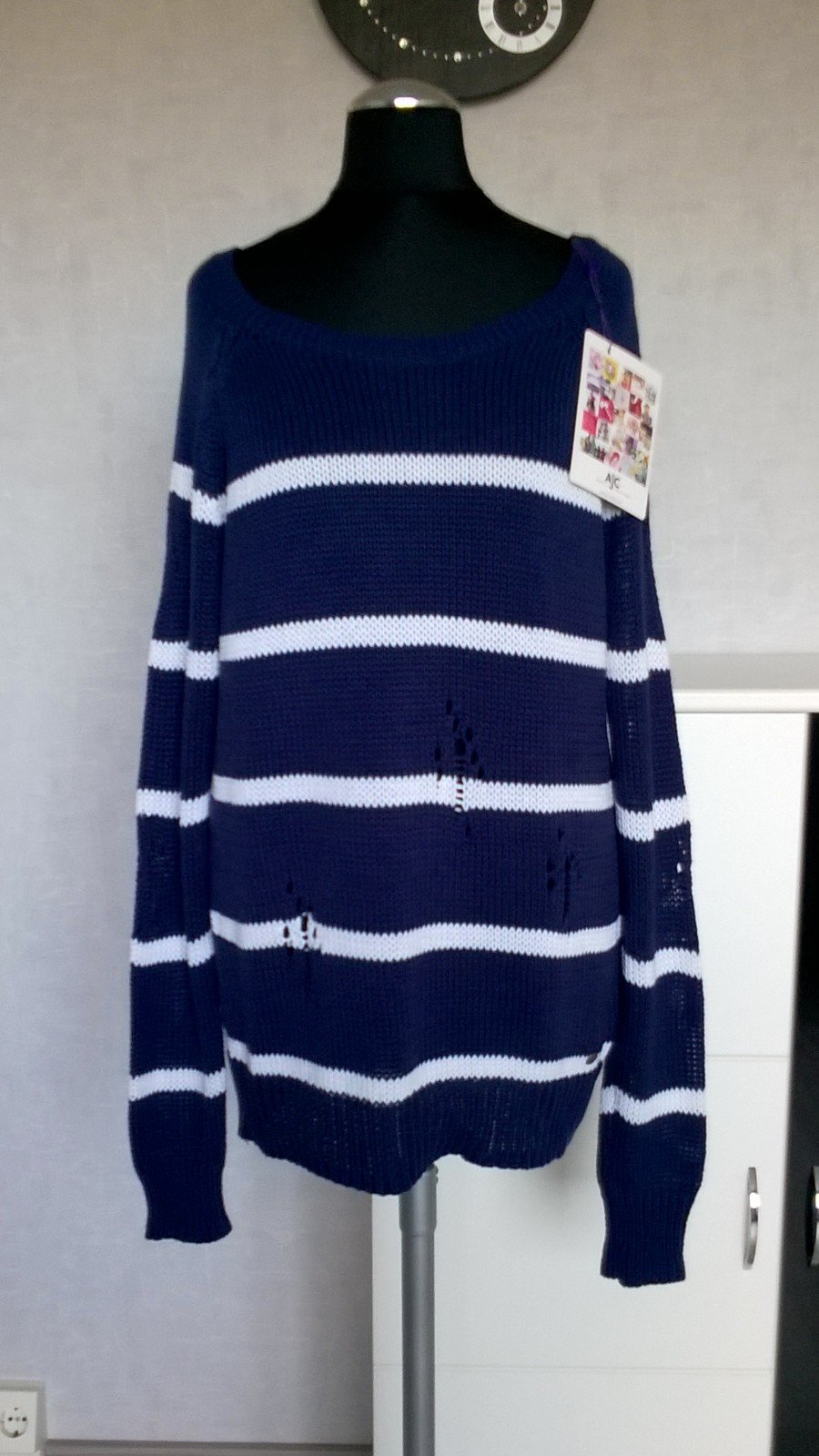 Pulli Strickpulli Oberteil destroyed-Look marine weiß gestreift Gr. 36/38 AJC neu mit Etikett