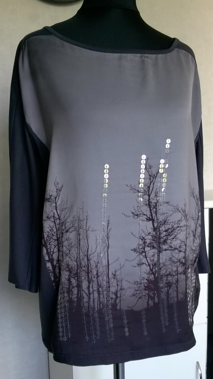Shirt Oberteil Top im Materialmix mit Pailletten ¾-Arm anthrazit Gr. 36 S.Oliver