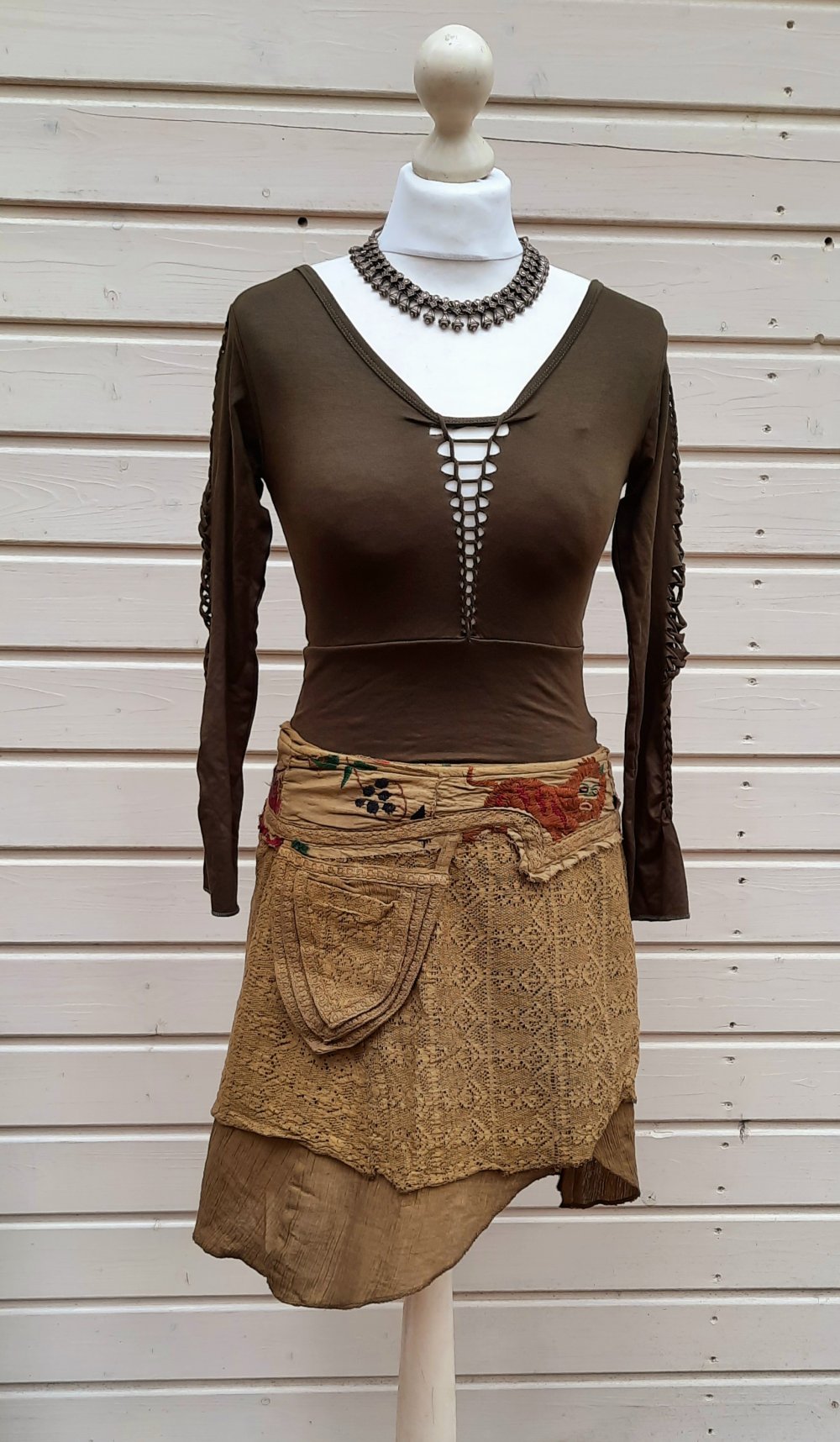 Top croptop bauchfrei Festival cutout braided oliv shirt goashirt