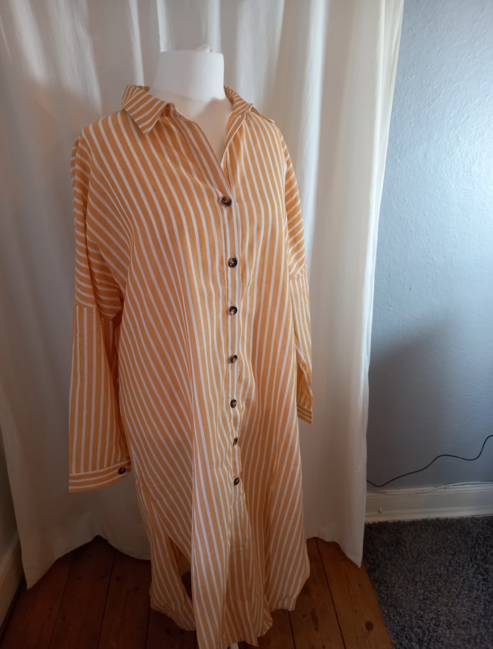 Blusenkleid Gr. 52  gelb weiß Streifen gestreift Baumwolle Knöpfe Kleid Bluse