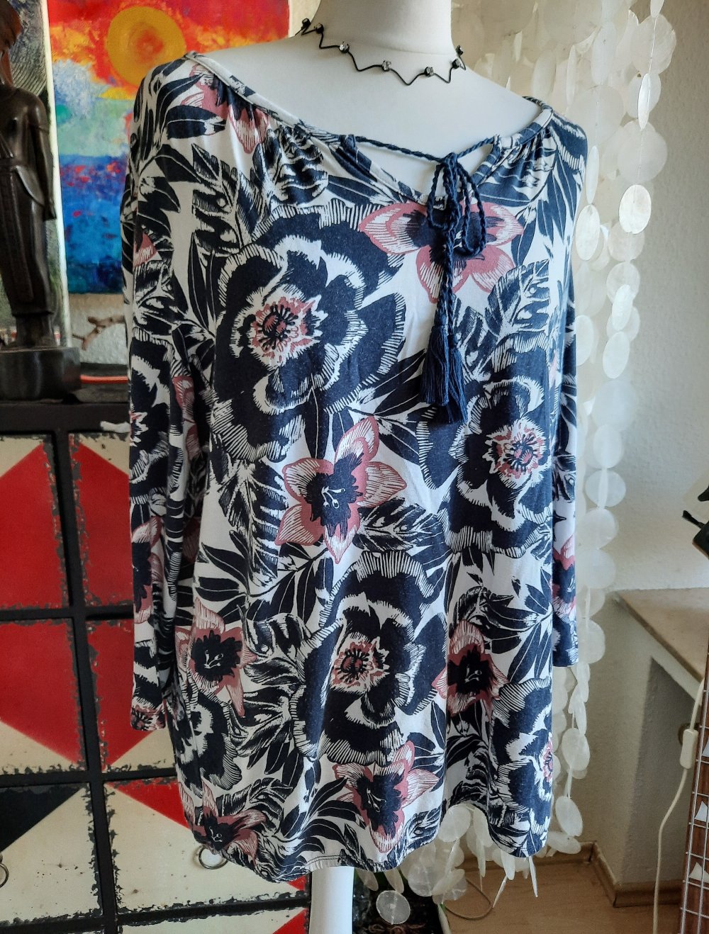 tolle Tunika Langarm • Laura Torelli • schicker Floralprint • dunkelblau weiß altrosa • 97% Viskose 3% Elasthan •: 40/M