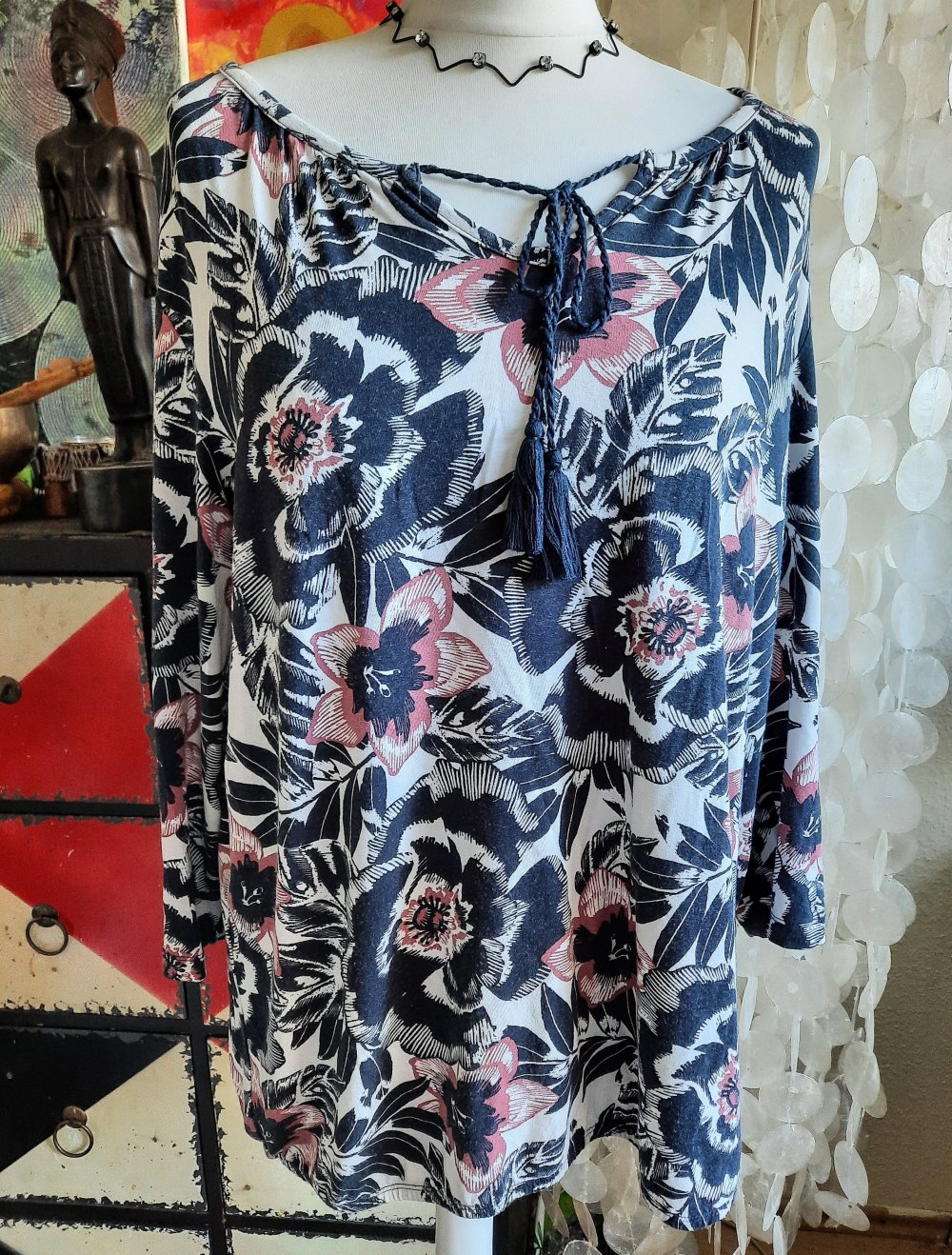 tolle Tunika Langarm • Laura Torelli • schicker Floralprint • dunkelblau weiß altrosa • 97% Viskose 3% Elasthan •: 40/M