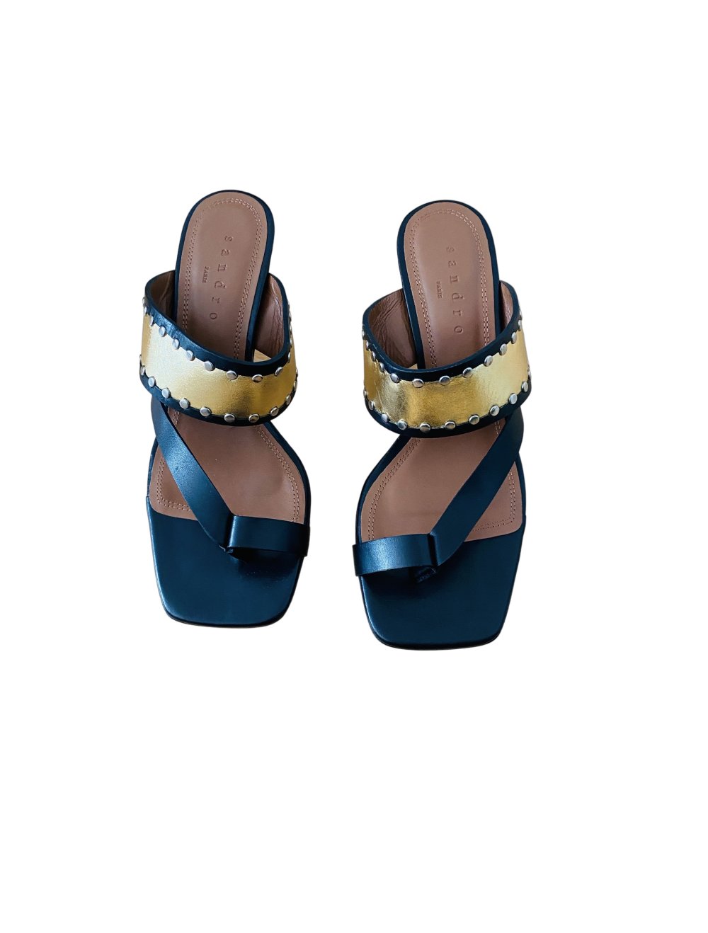 Sandro, Zehentrenner, Sandalette, schwarz, Gold, Leder, Gr 36, neu, NP 245€