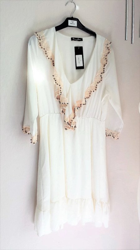 Boho Hippie Ibiza Kleid Tunika Laura Jane Paris mit Unterkleid Applikationen..Hochwertig