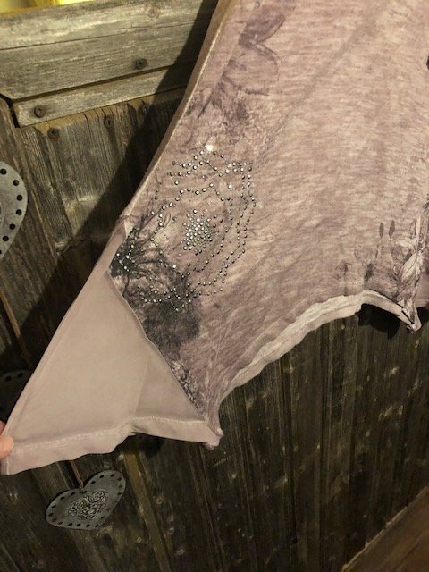 A-förmiges Shirt mit Print, silbernen Steinchen und Chiffon-Einsätzen