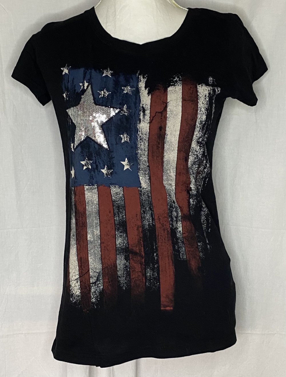 Schwarzes T-Shirt mit US Flagge & Silbernem Pailletten Stern