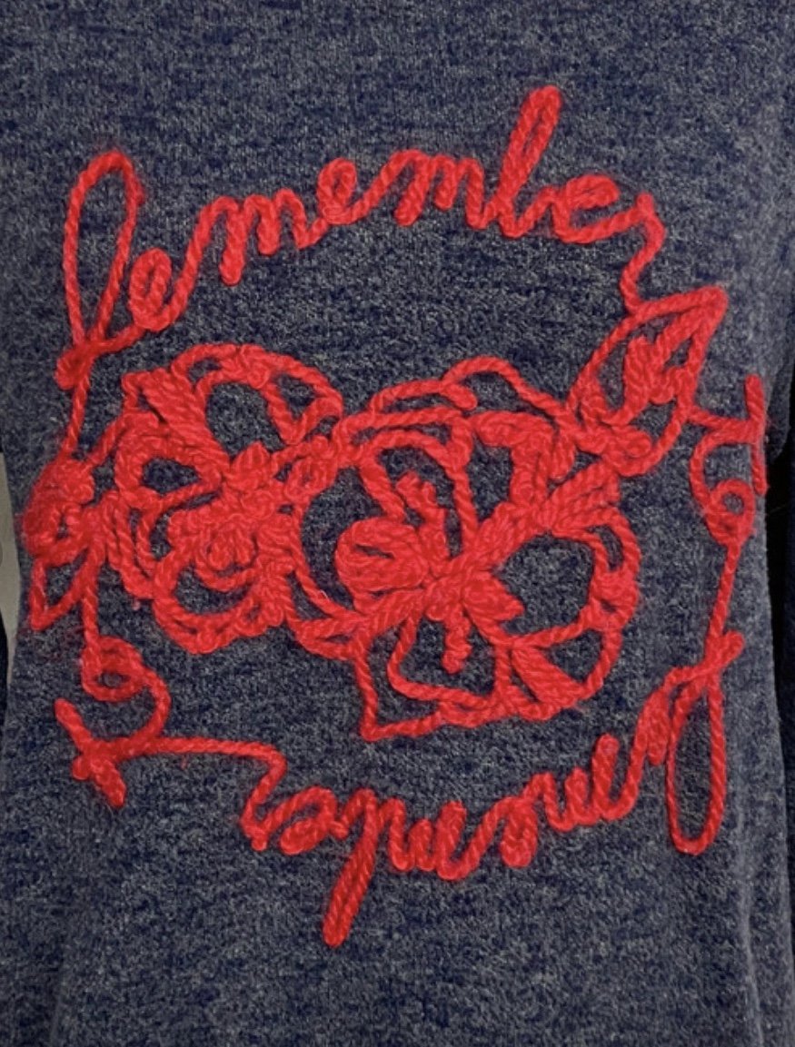 Dunkel Blau Melierter Strick Pullover mit Roter Stickerei