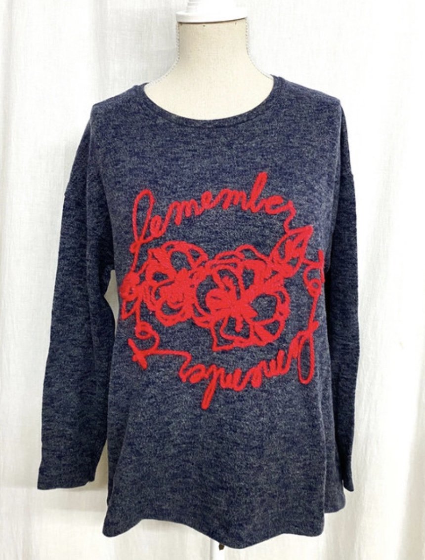 Dunkel Blau Melierter Strick Pullover mit Roter Stickerei