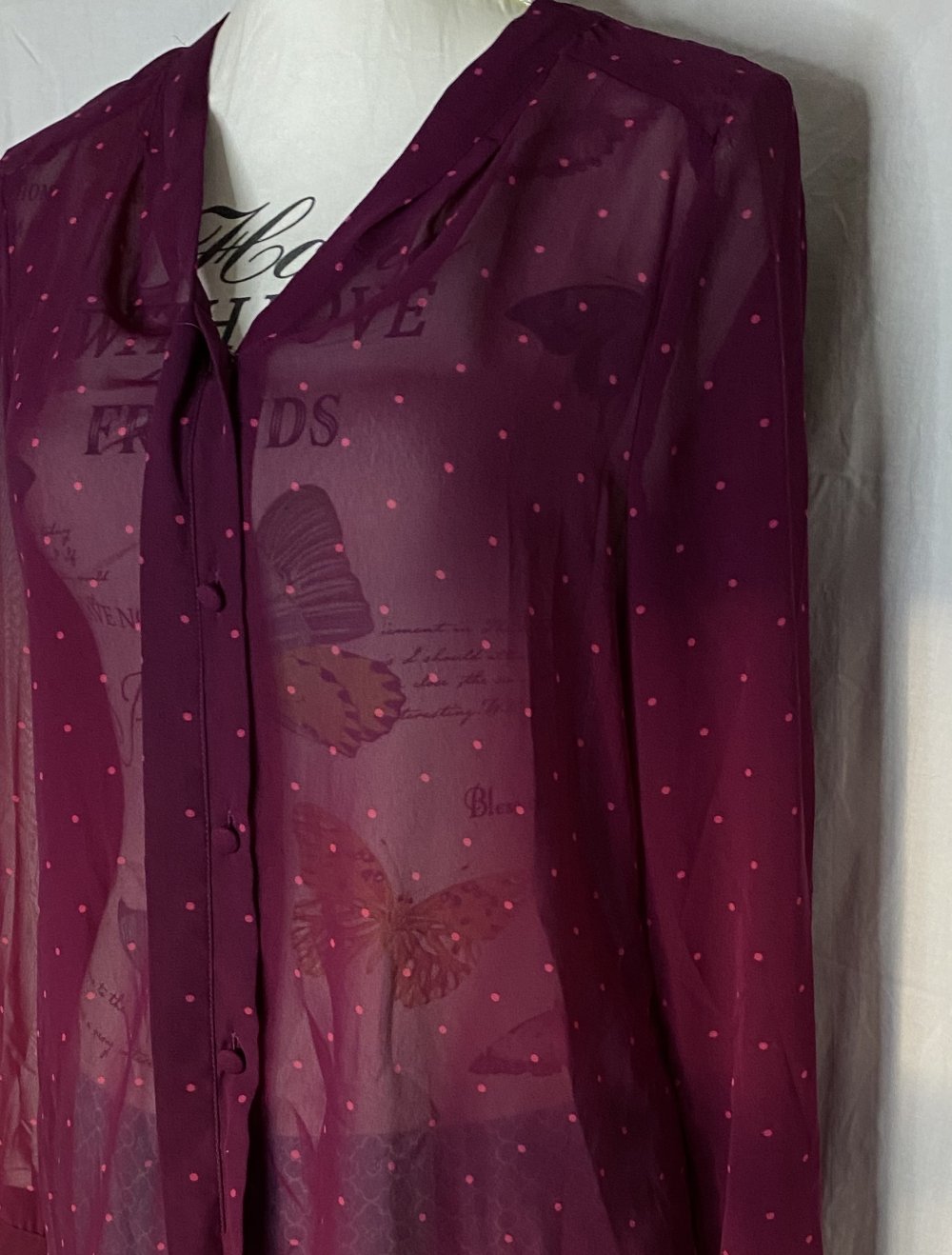 Weinrote Chiffon langarm Hemd Bluse mit hellen Punkten