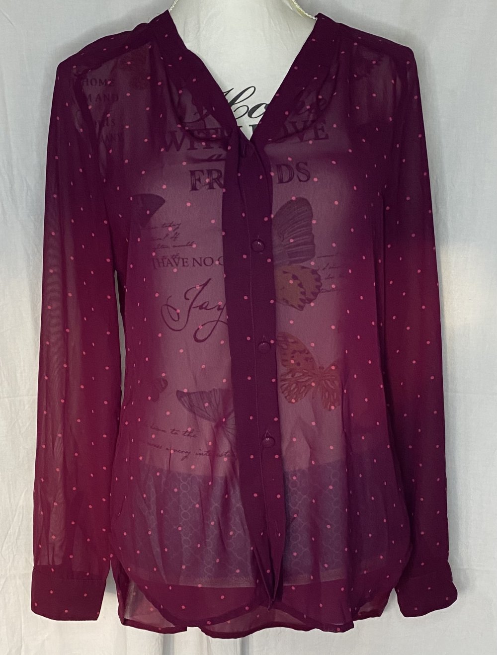 Weinrote Chiffon langarm Hemd Bluse mit hellen Punkten