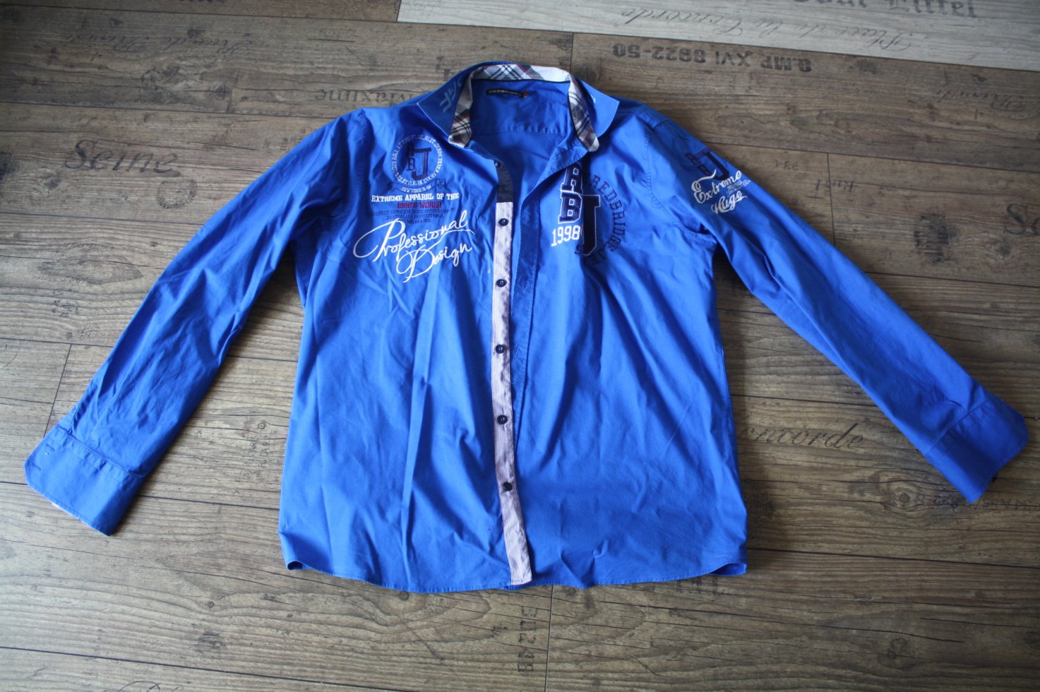Vintage Retro Herren Hemd Langarm Red Bridge L blau karierte Akzente Stickerei bestickt