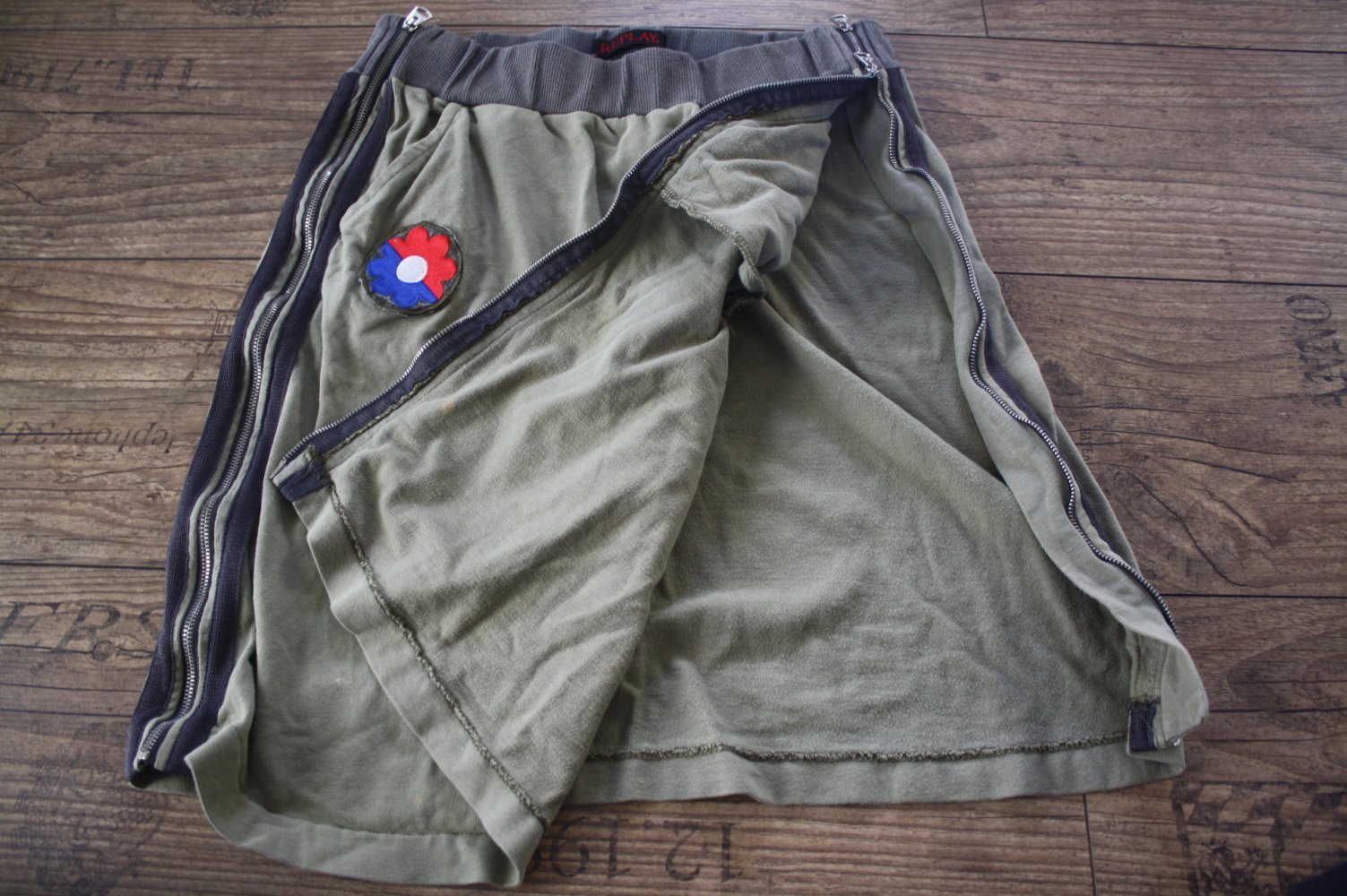 Sweatrock Replay Jerseyrock Rock  mit Reissverschluss Vintage Used S 36 Khaki 90er 2000er Y2k