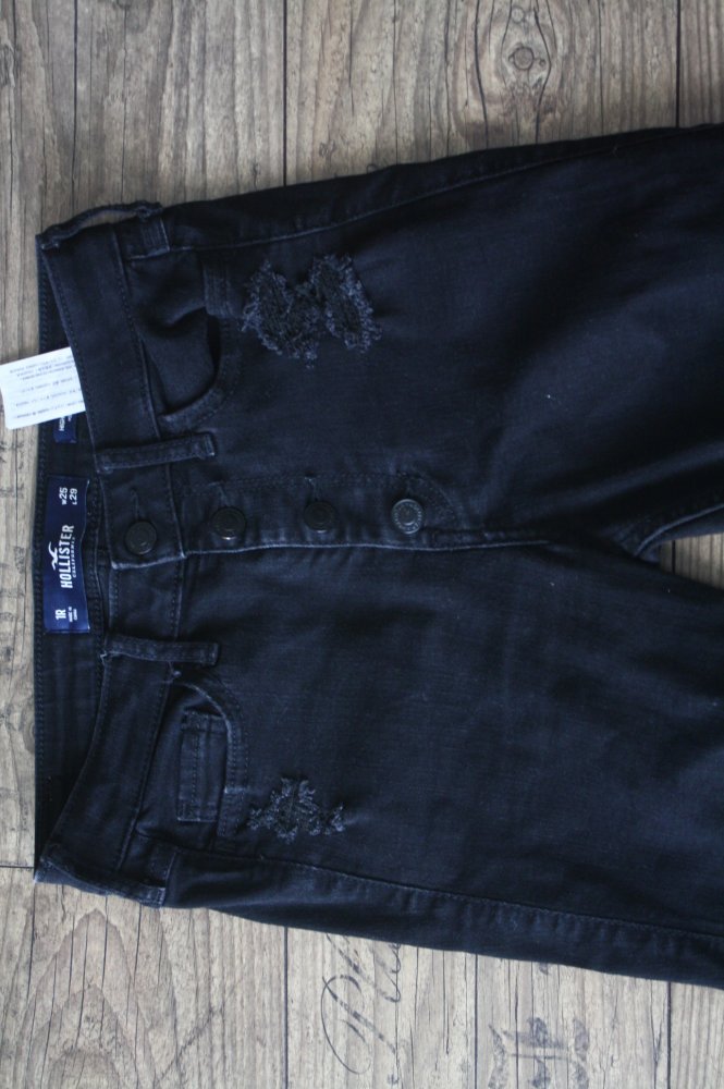 Hollister Highwaist Ripped Jeans Skinny 34 36 Highrise Stretch schwarze Jeans Knopfleiste vorn 