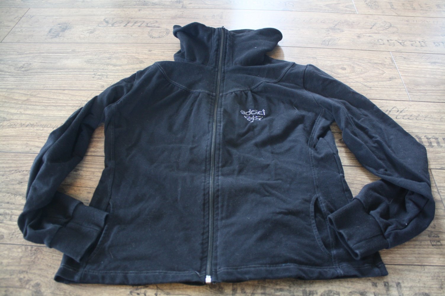 Schwarze Jacke Sweatjacke Hoody Jerseyjacke Addict Weste S M 36 38 Tailliert 