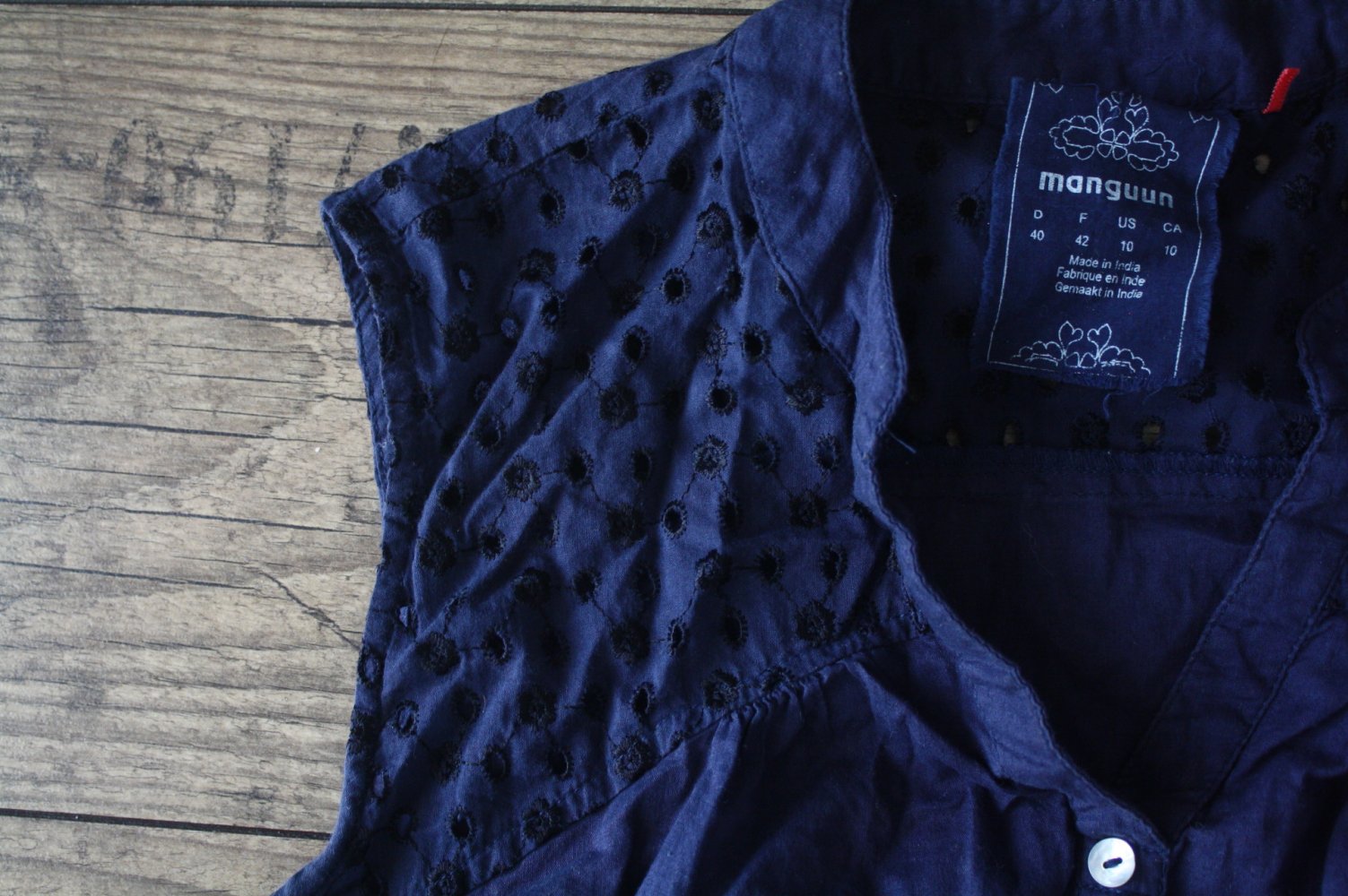 Manguun Bluse blaue Bluse reine Baumwolle L 40 Sommerbluse gesmokt