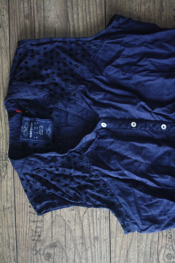 Manguun Bluse blaue Bluse reine Baumwolle L 40 Sommerbluse gesmokt