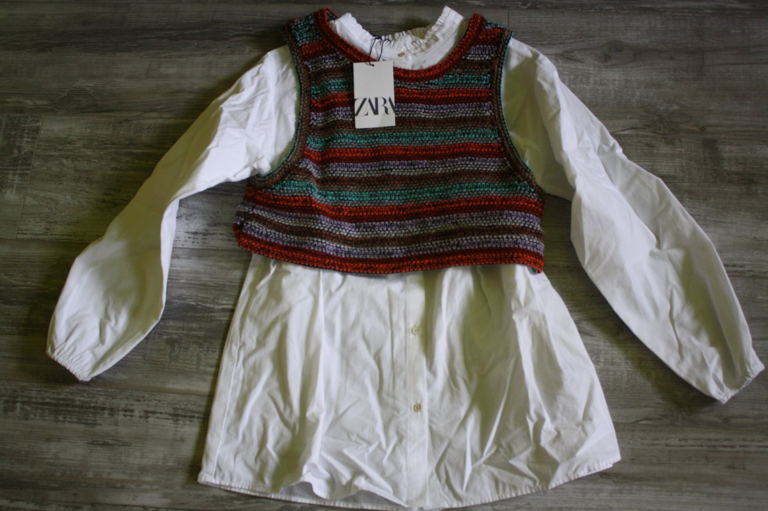 Neu/Etikett ZARA Bluse mit Strick Weste 2 in 1 Strickweste Folklore 13-14 Jahre 164 Tunika Mädels 